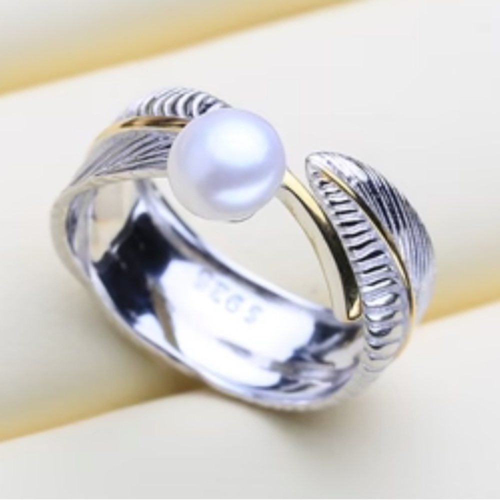 Fenasy 925 Silver with Natural Fresh Water Pearl and Gold Tone Ring OS